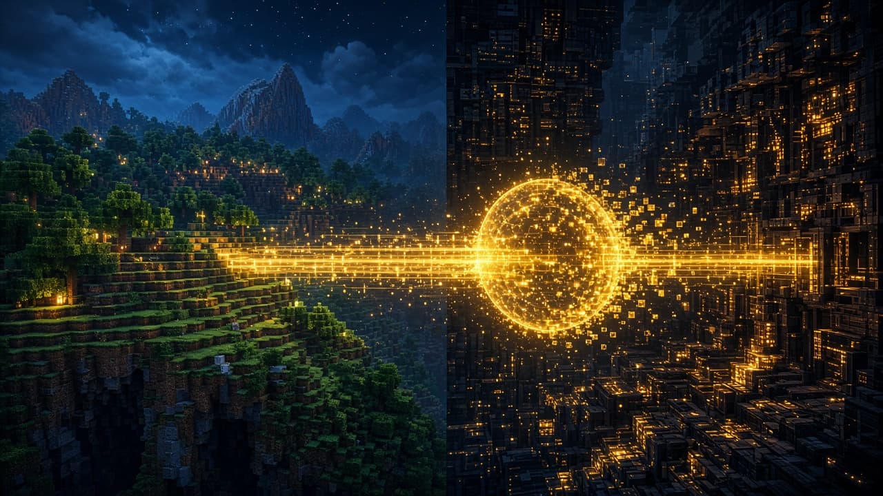 A blocky bridge joining two worlds under a gold sky.