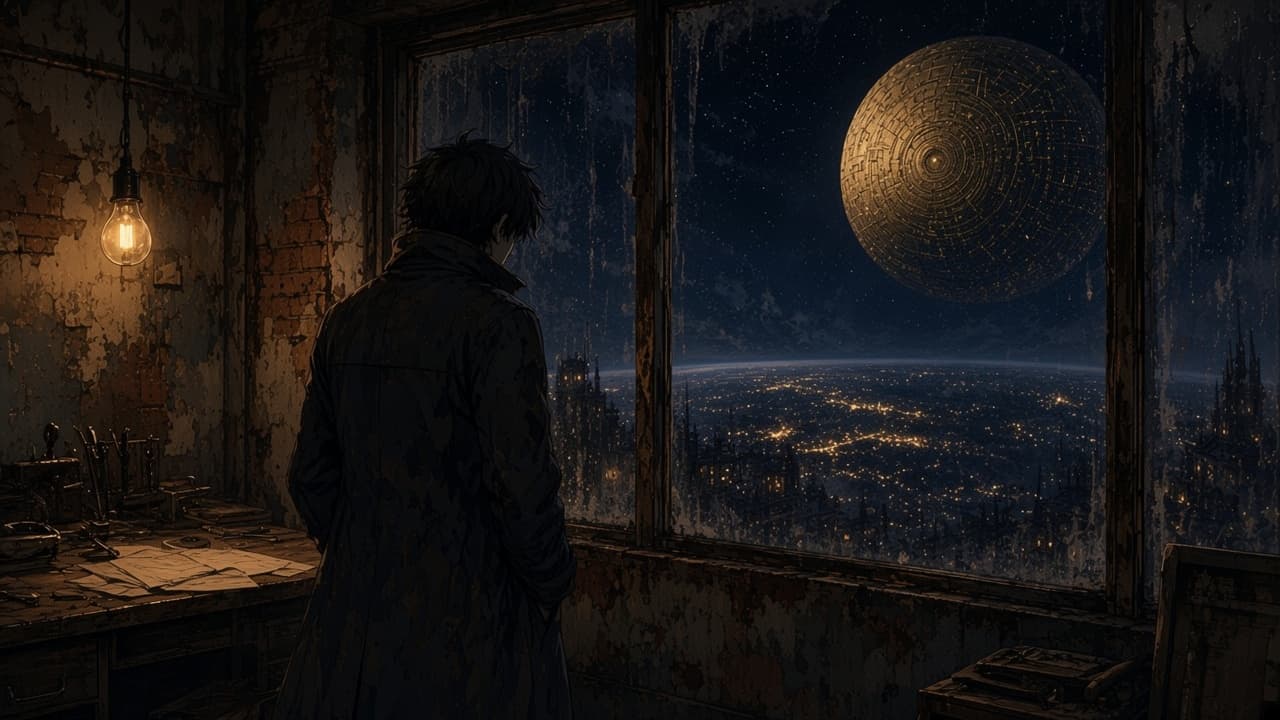 A window looking out at a gold sphere hanging over a night city.