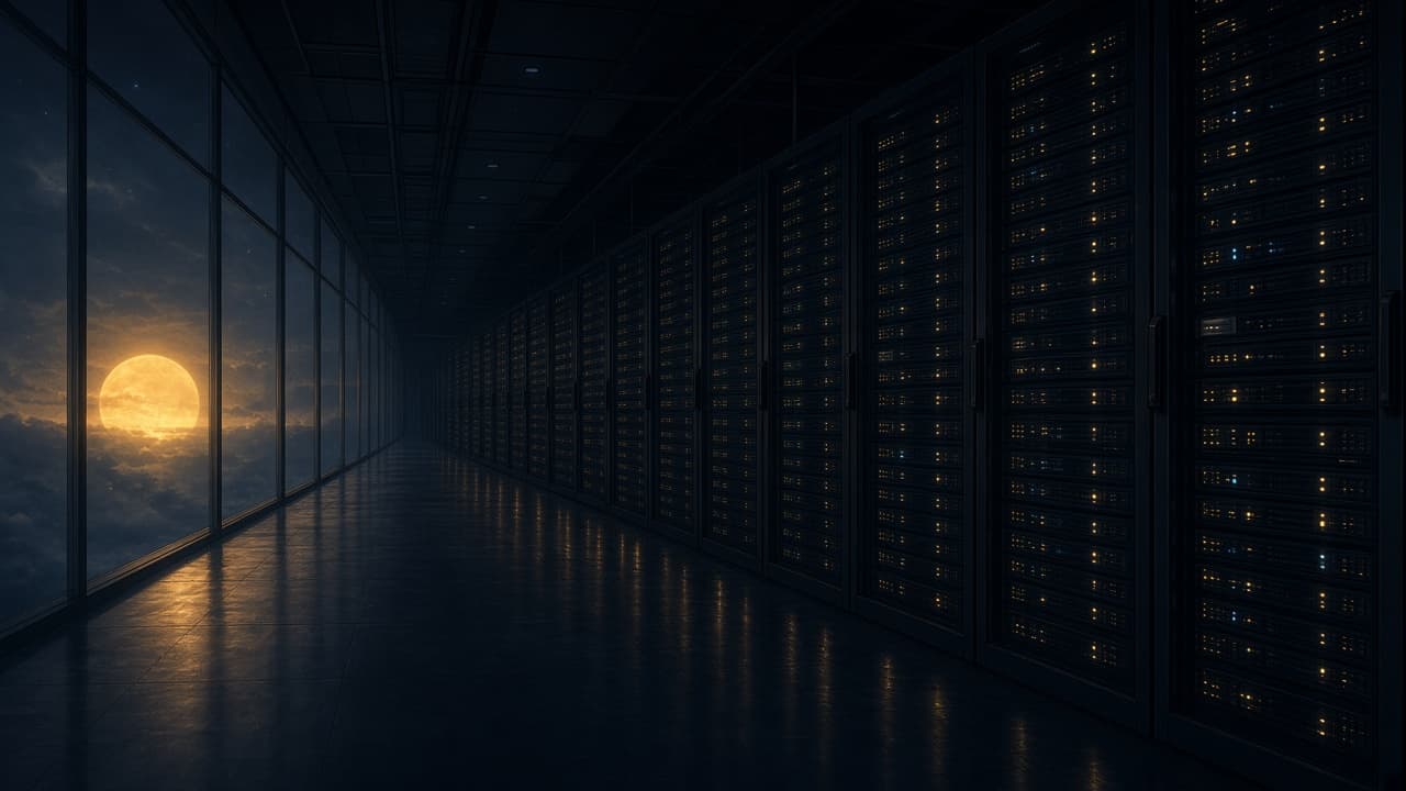 An empty server aisle at night, a gold moon beyond the glass, no one on call.