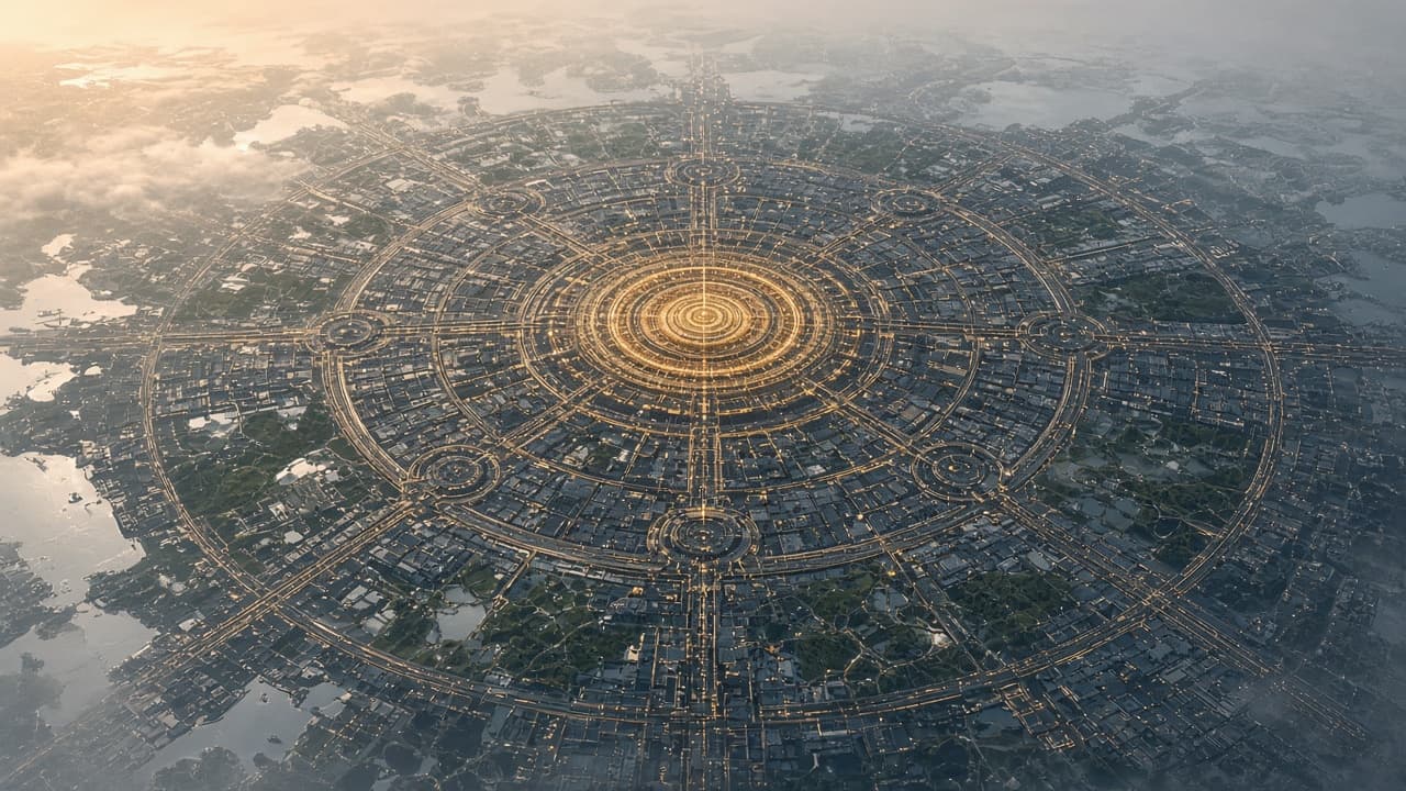 A city drawn like a plan, gold traces where the streets would be.