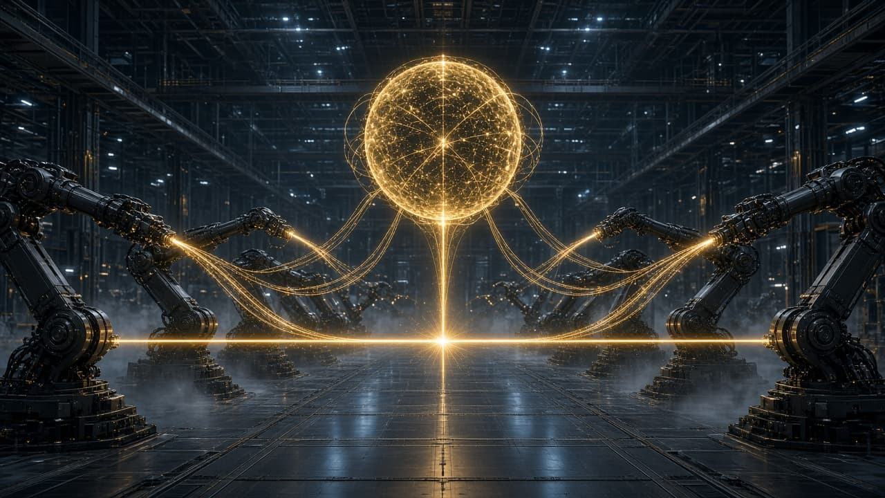 Machine arms joined to a gold sphere, intelligence streaming rather than stored.