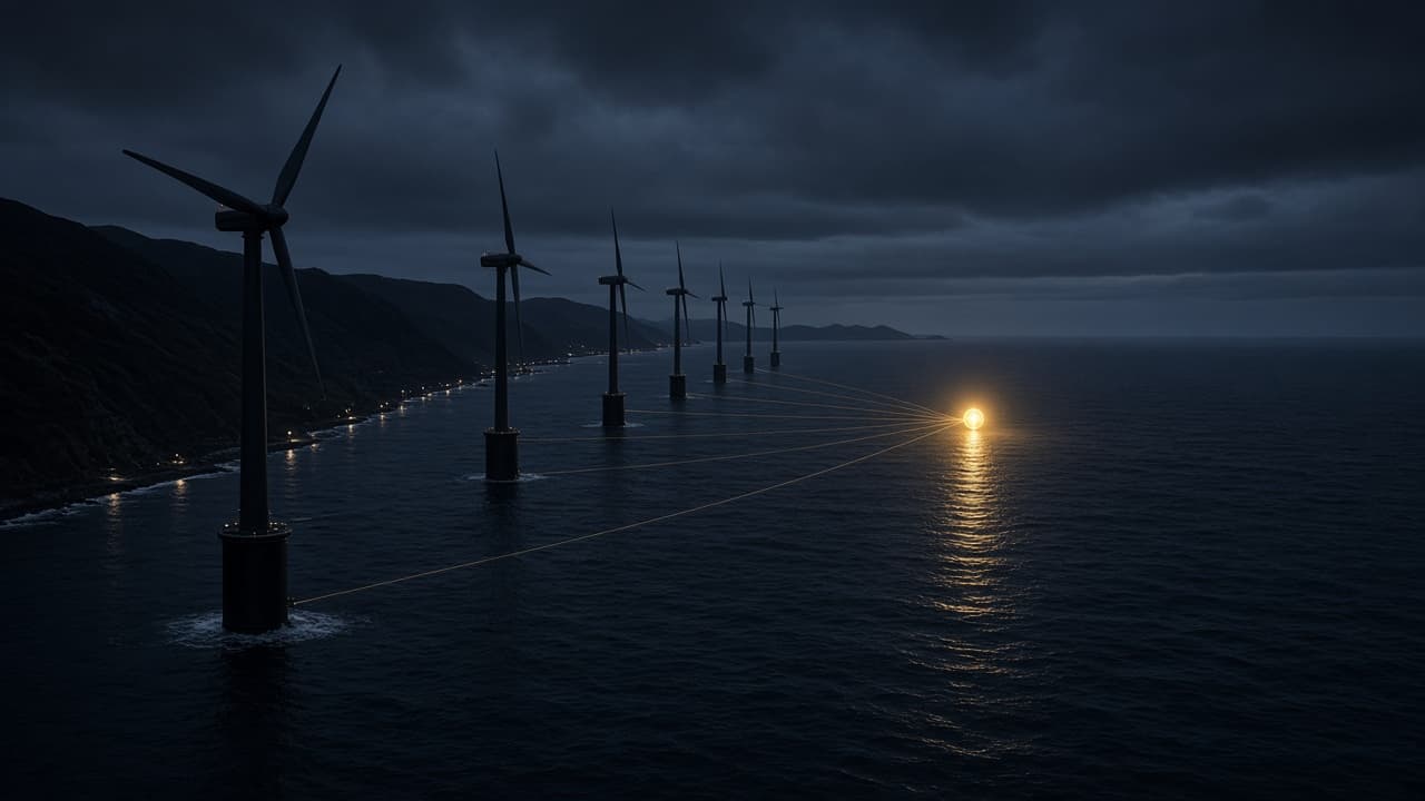 A ring of turbine-like nodes sharing a gold current.